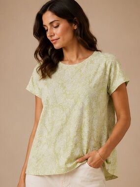 Basic Editions XXL Green Paisley Print Short Sleeve Top Casual Classic Tee